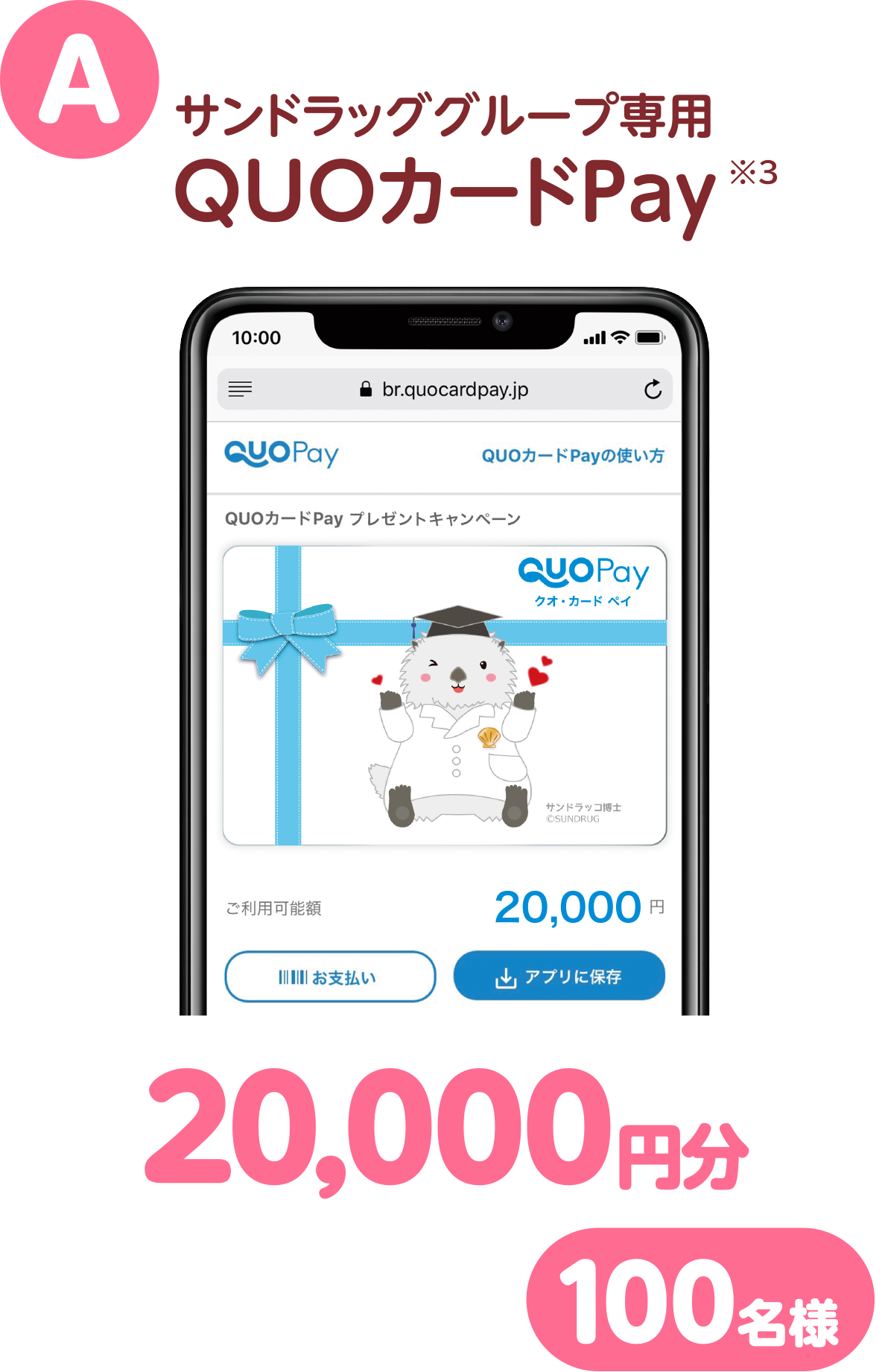 A サンドラッググループ専用QUOカードPay(※3)20,000円分 100名様