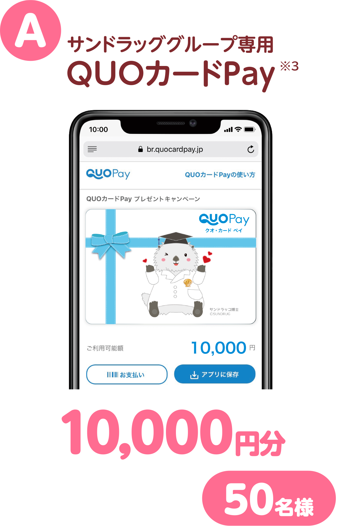 A サンドラッググループ専用QUOカードPay(※3)10,000円分 50名様