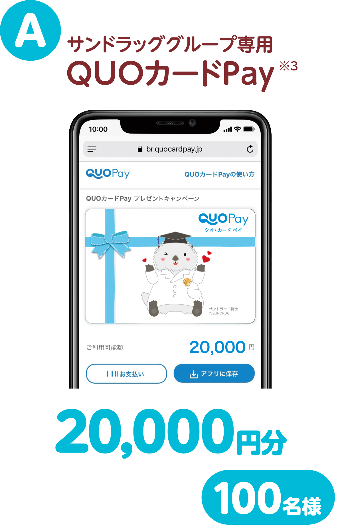 A サンドラッググループ専用QUOカードPay(※3)20,000円分 100名様