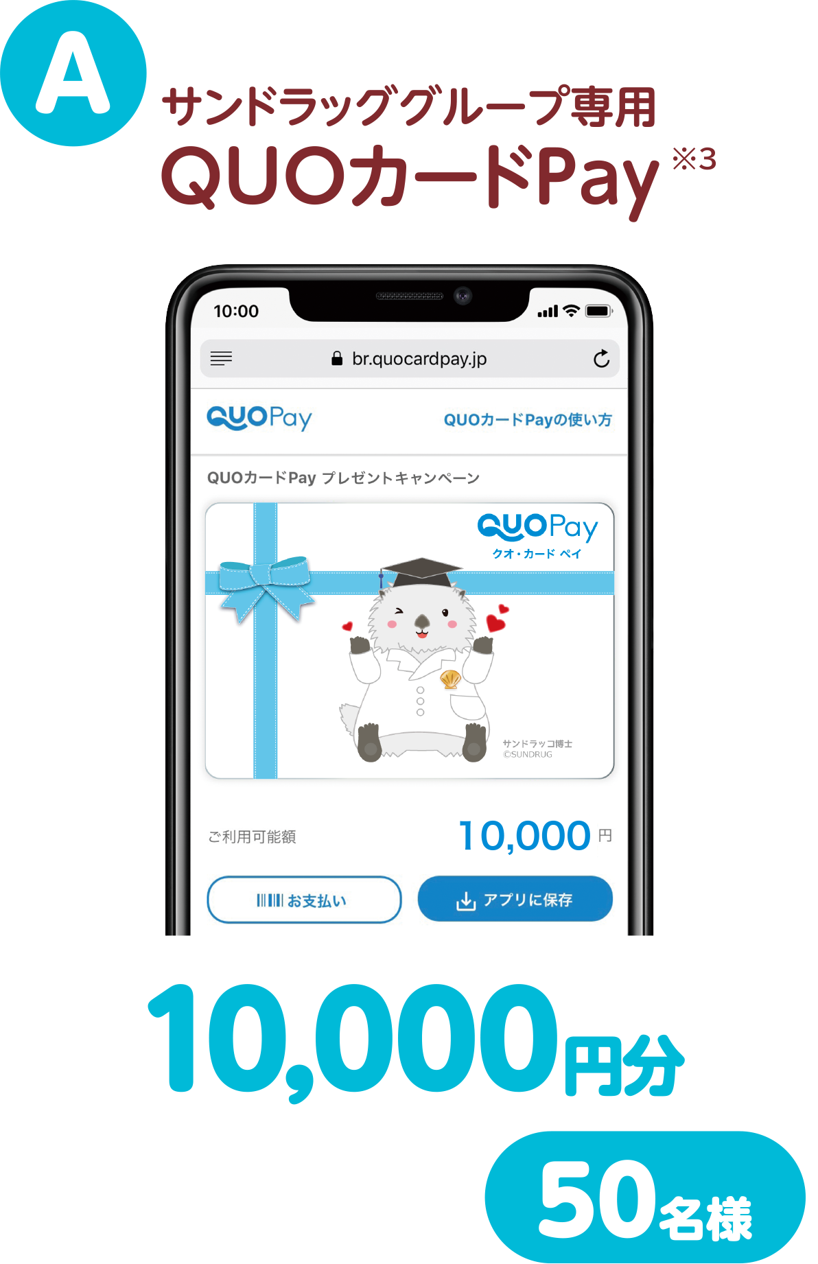 A サンドラッググループ専用QUOカードPay(※3)10,000円分 50名様