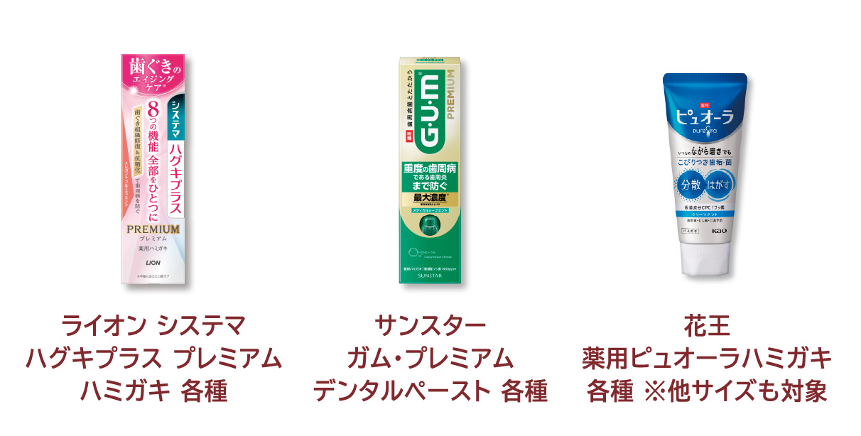 
            ライオン システマ ハグキプラス プレミアム ハミガキ 各種 
            サンスター ガム・プレミアム デンタルペースト 各種 
            花王 薬用ピュオーラハミガキ 各種 ※他サイズも対象