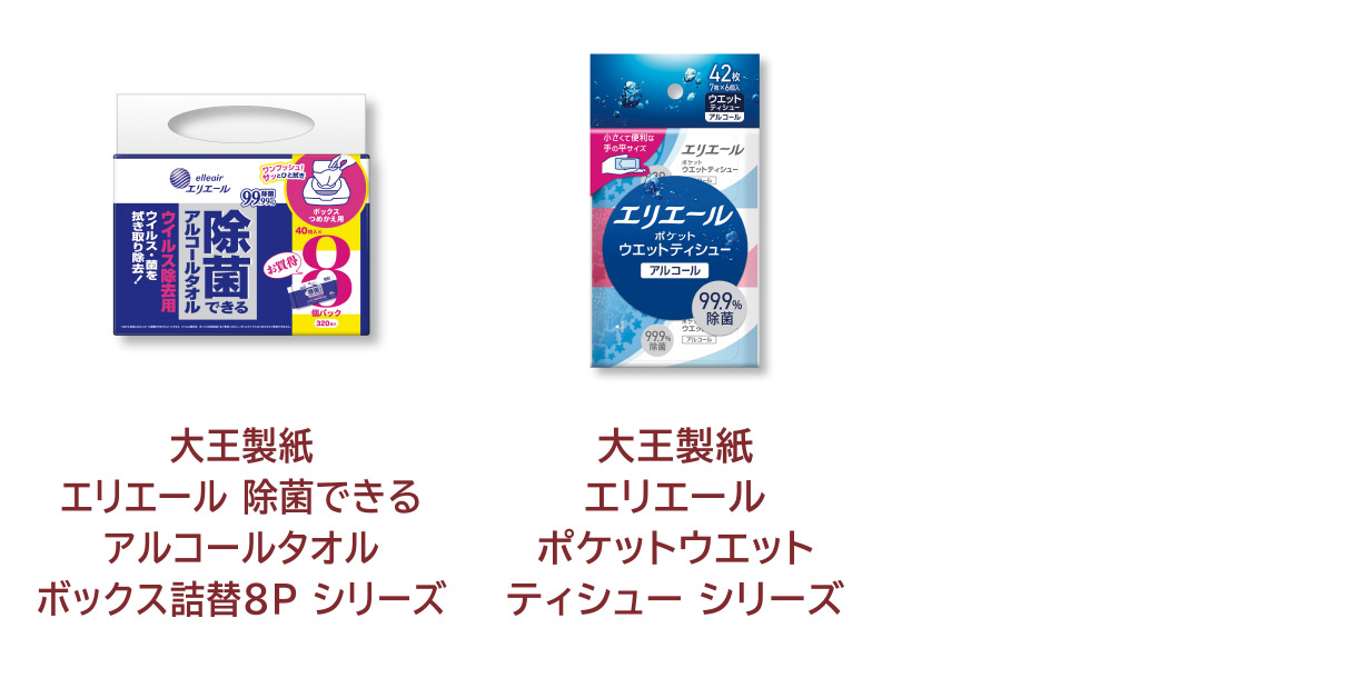 
            大王製紙 エリエール 除菌できる アルコールタオル ボックス詰替8P シリーズ 
            大王製紙 エリエール ポケットウエット ティシュー シリーズ